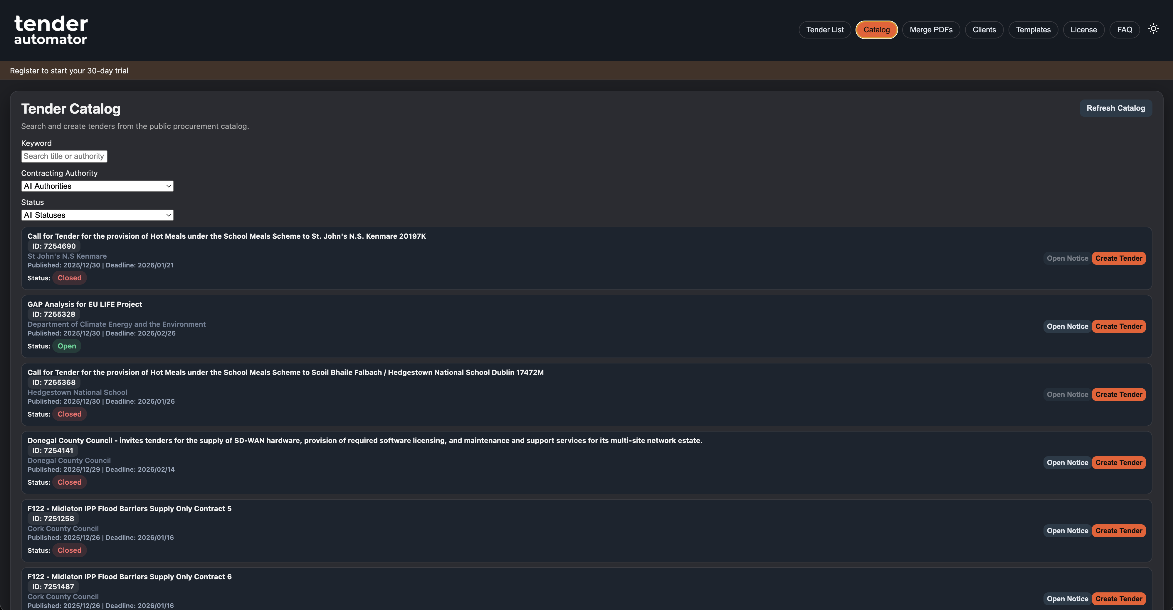 Tender Automator application interface